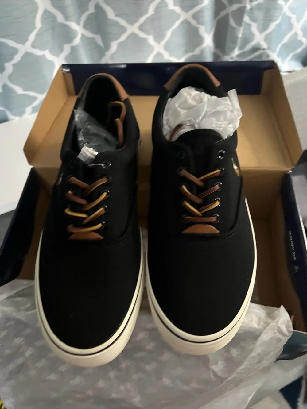 Polo by Ralph Lauren Black Canvas Low-Top Sneakers with Tan Accents